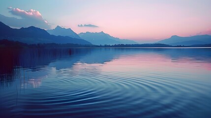 Tranquil Twilight Lake Reflections Silhouetting Distant Mountains