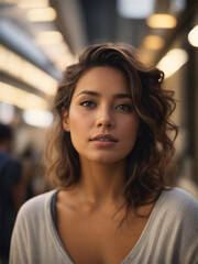 Youthful woman with captivating gaze in soft urban light