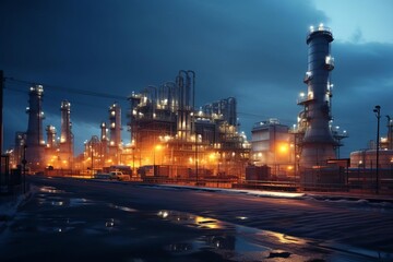 An industrial plant at night with dramatic lighting,