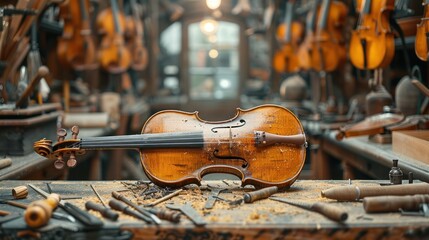 Warm Glow Highlights Apprentice Luthier Crafting Violin in Rustic Workshop