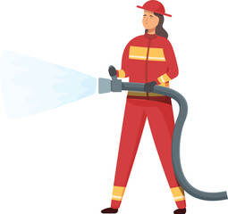 Illustration of a brave female firefighter cartoon character in full gear using a water hose for fire prevention and safety in emergency services