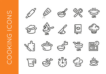 Large set of cooking trendy minimal icons. Rolling Pin, Salt Shaker, Cooking Book, Chef Hat, Timer, Soup Bowl icons. Design signs for web page, mobile app, packaging design. Vector illustration