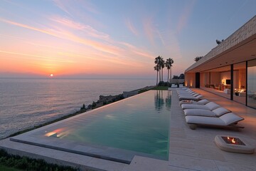 Obraz premium Luxurious oceanfront villa with infinity pool at sunset, creating a serene and picturesque setting perfect for relaxation and upscale living in a beautiful coastal environment