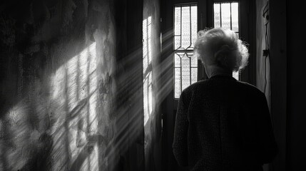 Fototapeta premium A solitary figure walks through a sunlit hallway, their back to the camera, creating a sense of mystery and contemplation.