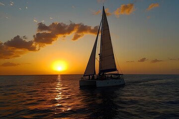 Serene Sunset Cruise on a Picturesque Sailboat in the Open Sea