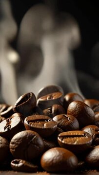 Process of roasting coffee beans. Smoke comes from fresh coffee seeds.Sliding shot of roast coffee beans with smoke on dark background