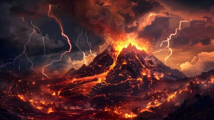 Fiery Volcano Eruption Illuminated by Striking Lightning