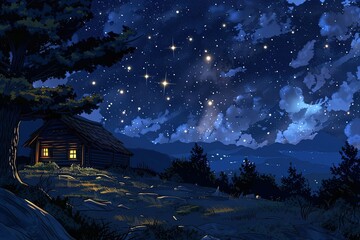 a cabin in the woods under a night sky filled with stars - Powered by Adobe