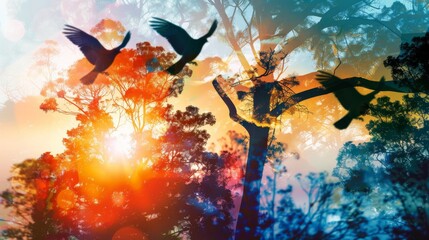Vibrant image of birds flying over trees at sunrise, blending natural beauty and vivid colors, creating an ethereal morning scene.