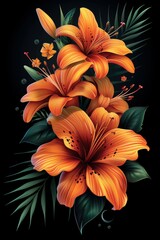 Fototapeta premium Orange Flowers on Black Background