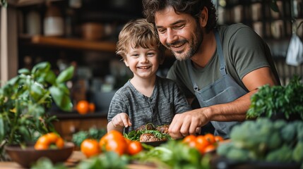 Father with little son grilling outside during family summer garden party