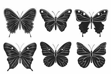 Set of butterflies silhouettes drawing on isolated background. Hand drawn butterfly vector illustration