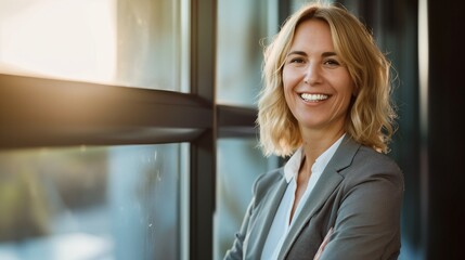 Obraz premium Smiling confident stylish mature middle aged woman standing at office. Old senior businesswoman