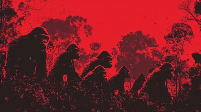 Group of gorillas in a forest setting. The color scheme is dominated by a red tint, with the gorillas and the foliage rendered in a monochromatic style