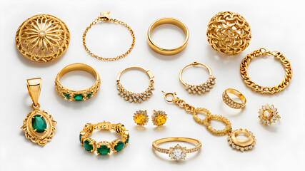 Fototapeta premium Gold jewelry isolated on white background. Flat lay, top view. Generative AI