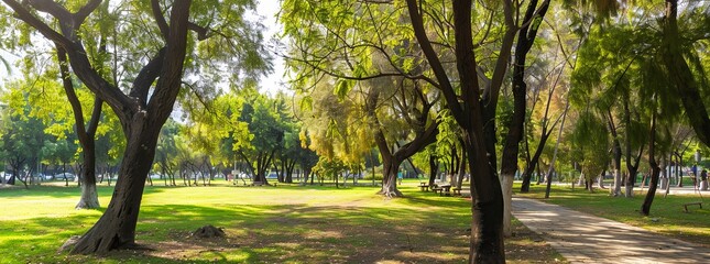 A park with dying trees and no shade, and a park with healthy trees and shaded areas.