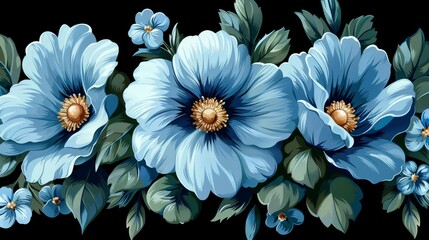 Blue Flowers Painting on Black Background