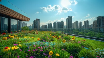Fototapeta premium Roof garden, view of tall buildings in the big city and green roof garden