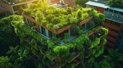 Roof garden, view of tall buildings in the big city and green roof garden