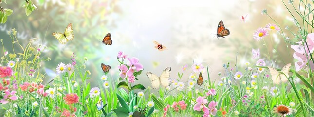 A peaceful, garden background with blooming flowers and butterflies.