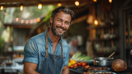 Man grilling outside during family summer garden party