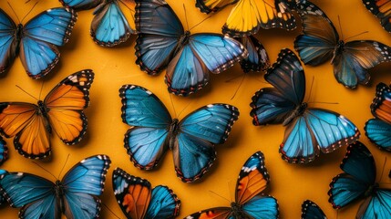 A lot of colorful butterflies in different colors on a yellow background.