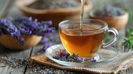 A cup of healthy lavender tea and lavender flowers. Alternative medicine.