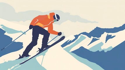 Peak minimalist poster flat design side view winter skiing theme cartoon drawing vivid