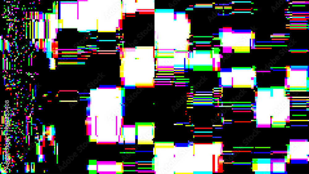 Poster Colorful Rainbow Glitch Broken Screen Effect. Abstract Digital Pixel Noise Glitch Error. Computer Corrupted Memory BSOD Damaged Data Visualization. Overlay Texture Effect Vector Illustration.