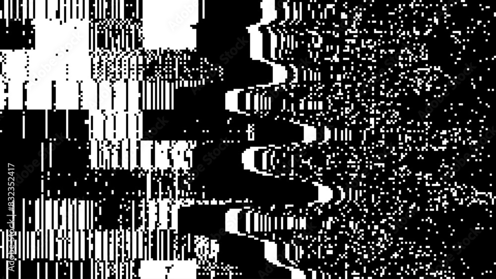 Poster Pixel Glitch Dither Effect Background. Abstract Noise Effect. Video Damage Error. Digital Signal Damage Visualization. VHS Overlay Texture. Vector Illustration.
