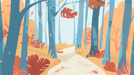 Footpath through woods illustration flat design front view autumn journey theme water color Complementary Color Scheme 