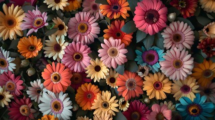 Colorful paper daisies arranged in an intricate pattern, showcasing the beauty of floral artistry and creativity.