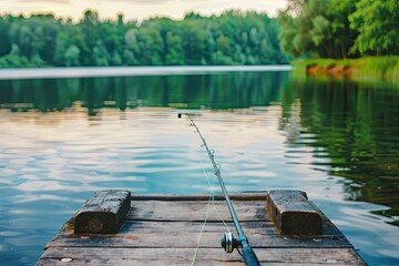 a image of a fishing rod on a dock near a lake