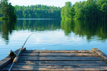 a image of a fishing rod sitting on a dock near a lake