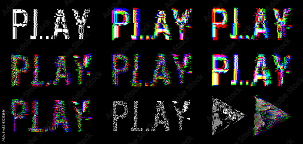 Poster Glitch Pixel RGB Split Video Game PLAY Message. Old VHS Player or Retro Game Console Concept. 3D Glitch VHS Distort Effect Text. Arcade Begin. Vector Illustration.
