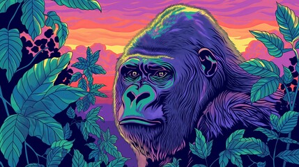 Majestic Gorilla in Vibrant Jungle at Sunset Surrounded by Lush Foliage