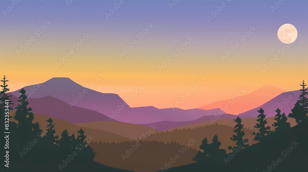 Wall mural Dusk over highlands vector art flat design front view relaxing retreat theme animation Tetradic color scheme