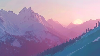 Alpine glow graphic design flat design front view daybreak skiing theme 3D render Triadic Color Scheme