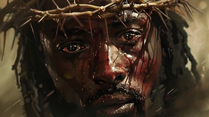 Portrait of a black man with a bloody face and a crown of thorns on his head