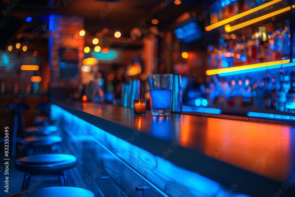 Poster vibrant bar scene with colorful lighting and modern design, creating an energetic and inviting atmos