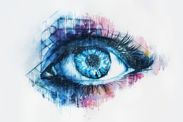 Abstract digital watercolor painting of a blue eye with geometric elements and vibrant splashes of color. Detailed and expressive visual art piece.