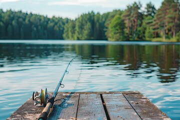 a image of a fishing rod sitting on a dock next to a lake