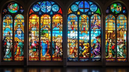 Intricate stained glass window showcasing vibrant biblical scenes in a burst of colors