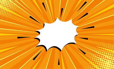 Retro comic expression empty speech bubble with colorful halftone shadow on yellow stripes background.