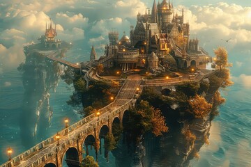 Floating islands connected by ornate bridges and staircases, rich tones, fantasy, digital art, whimsical and enchanting,