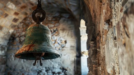 Fototapeta premium Ancient church bell hanging in a tower, a symbol of history and tradition, echoing through the ages