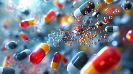 An artistic rendering of lipid-based nanoparticles in nutraceutical delivery, showing their enhancement of the bioavailability of vitamins and minerals.