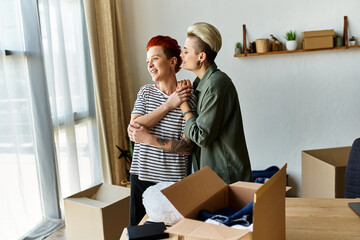 A lesbian couple stand side by side in a room, actively engaging in charity work.