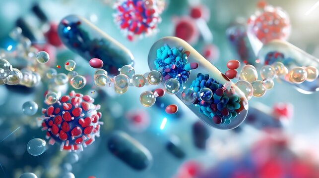 An artistic rendering of lipid-based nanoparticles in nutraceutical delivery, showing their enhancement of the bioavailability of vitamins and minerals.