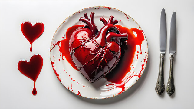 Plate on white background. Bloody human heart on a plate. Generative AI
